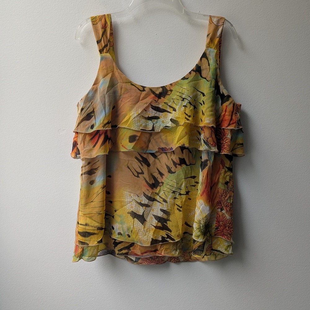 Sleeveless Blouse Yellow Floral Tiered Lined Ruffle 1X Boho Flowy Y2K Abstract